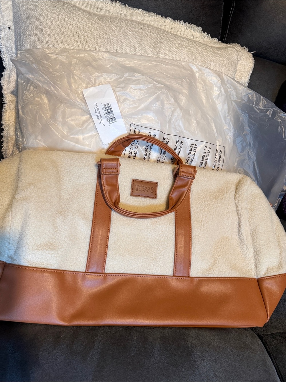 TOMS Cream Sherpa Tote with Cognac Trim